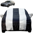 Autofact New Verna Car Cover - EasyShield - Car Body Cover for Hyundai New Verna - With Mirror Pockets, Triple Stitched, Bottom Fully Elastic, Adjustable Belt and Buckle (White Blue Stripes)