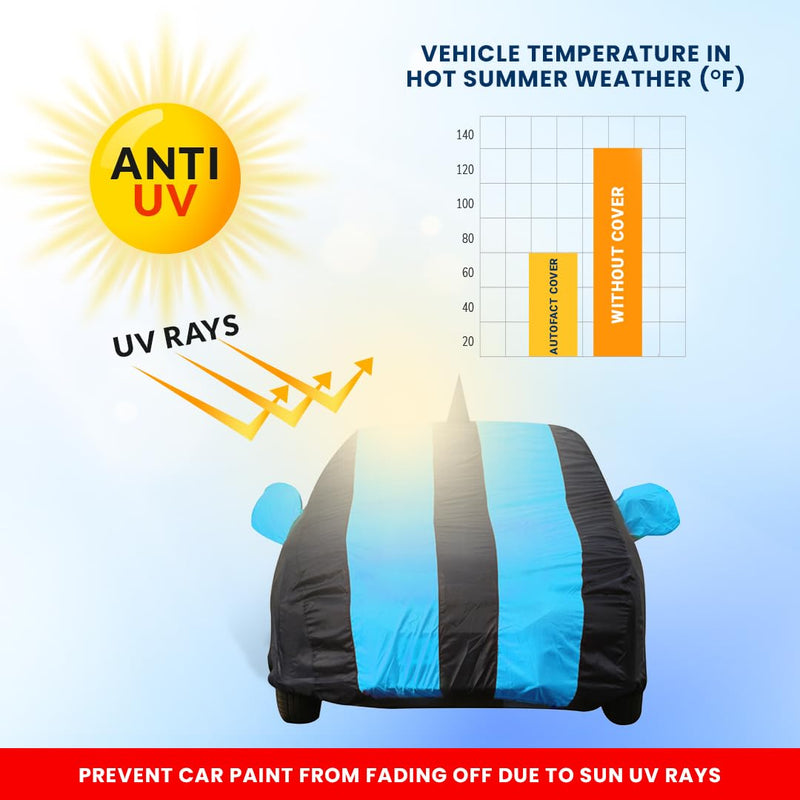 Autofact Swift Car Cover - EasyShield - Car Body Cover for Maruti Swift - With Mirror Pockets, Triple Stitched, Bottom Fully Elastic, Adjustable Belt and Buckle (Teak Blue Stripes)