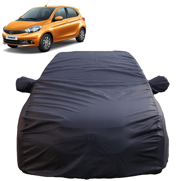 Autofact Tiago Car Cover - TearTough - Dog Proof / Waterproof Car Body Cover for Tata Tiago - With Mirror Pockets, Triple Stitched, Bottom Fully Elastic, Adjustable Belt and Buckle (Grey 4x4)