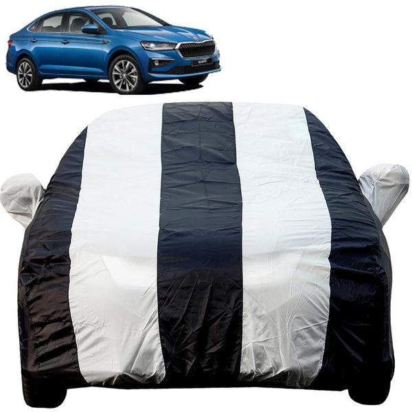 Autofact Slavia Car Cover - EasyShield - Car Body Cover for Skoda Slavia - With Mirror Pockets, Triple Stitched, Bottom Fully Elastic, Adjustable Belt and Buckle (White Blue Stripes)