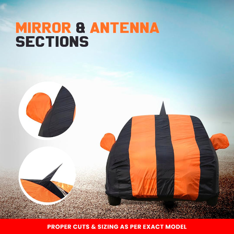 Autofact Swift Car Cover - EasyShield - Car Body Cover for Maruti Swift - With Mirror Pockets, Triple Stitched, Bottom Fully Elastic, Adjustable Belt and Buckle (Orange Blue Stripes)
