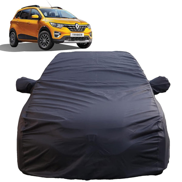 Autofact Triber Car Cover - TearTough - Dog Proof / Waterproof Car Body Cover for Renaults Triber - With Mirror Pockets, Triple Stitched, Bottom Fully Elastic, Adjustable Belt and Buckle (Grey 4x4)