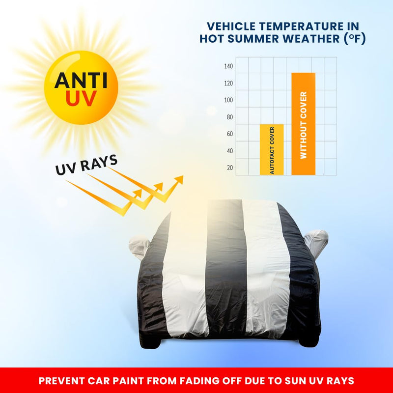 Autofact Scorpio Car Cover - EasyShield - Car Body Cover for Mahindra Scorpio - With Mirror Pockets, Triple Stitched, Bottom Fully Elastic, Adjustable Belt and Buckle (White Blue Stripes)