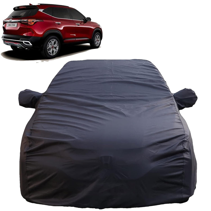 Autofact Seltos Car Cover - TearTough - Dog Proof / Waterproof Car Body Cover for Kia Seltos - With Mirror Pockets, Triple Stitched, Bottom Fully Elastic, Adjustable Belt and Buckle (Grey 4x4)