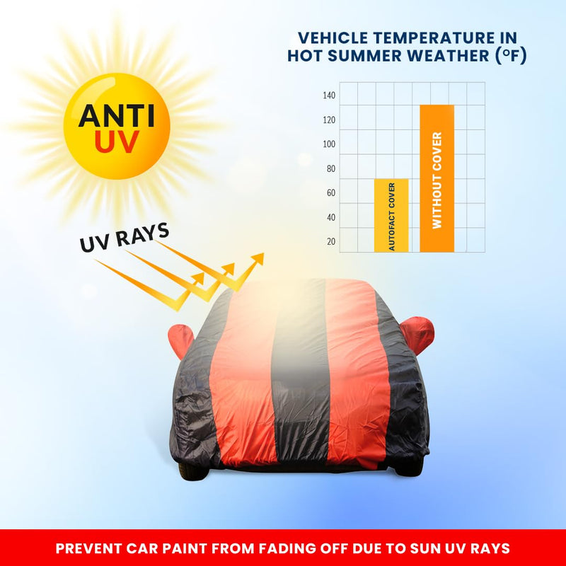 Autofact Wagon r / Wagonr Car Cover - EasyShield - Car Body Cover for Maruti Wagon r / Wagonr - With Mirror Pockets, Triple Stitched, Bottom Fully Elastic, Adjustable Belt and Buckle (Red Blue Stripes)