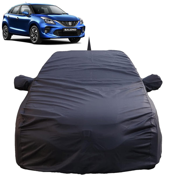 Autofact Baleno Car Cover - TearTough - Dog Proof / Waterproof Car Body Cover for Maruti Baleno - With Mirror & Antenna Pockets, Triple Stitched, Bottom Fully Elastic, Adjustable Belt and Buckle (Grey 4x4)
