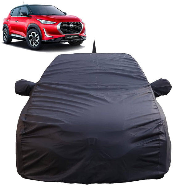 Autofact Magnite Car Cover - TearTough - Dog Proof / Waterproof Car Body Cover for Nissan Magnite - With Mirror & Antenna Pockets, Triple Stitched, Bottom Fully Elastic, Adjustable Belt and Buckle (Grey 4x4)