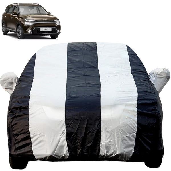 Autofact Carens Car Cover - EasyShield - Car Body Cover for Kia Carens - With Mirror Pockets, Triple Stitched, Bottom Fully Elastic, Adjustable Belt and Buckle (White Blue Stripes)