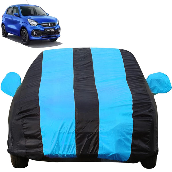 Autofact Celerio New Model Car Cover - EasyShield - Car Body Cover for Maruti Celerio New Model - With Mirror Pockets, Triple Stitched, Bottom Fully Elastic, Adjustable Belt and Buckle (Teak Blue Stripes)
