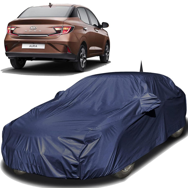 Autofact Aura Car Cover - EasyShield - Car Body Cover for Hyundai Aura - With Mirror Pockets, Triple Stitched, Bottom Fully Elastic, Adjustable Belt and Buckle (Navy 190T)