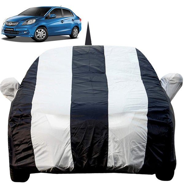 Autofact Amaze Old Model Car Cover - EasyShield - Car Body Cover for Honda Amaze Old Model - With Mirror Pockets, Triple Stitched, Bottom Fully Elastic, Adjustable Belt and Buckle (White Blue Stripes)