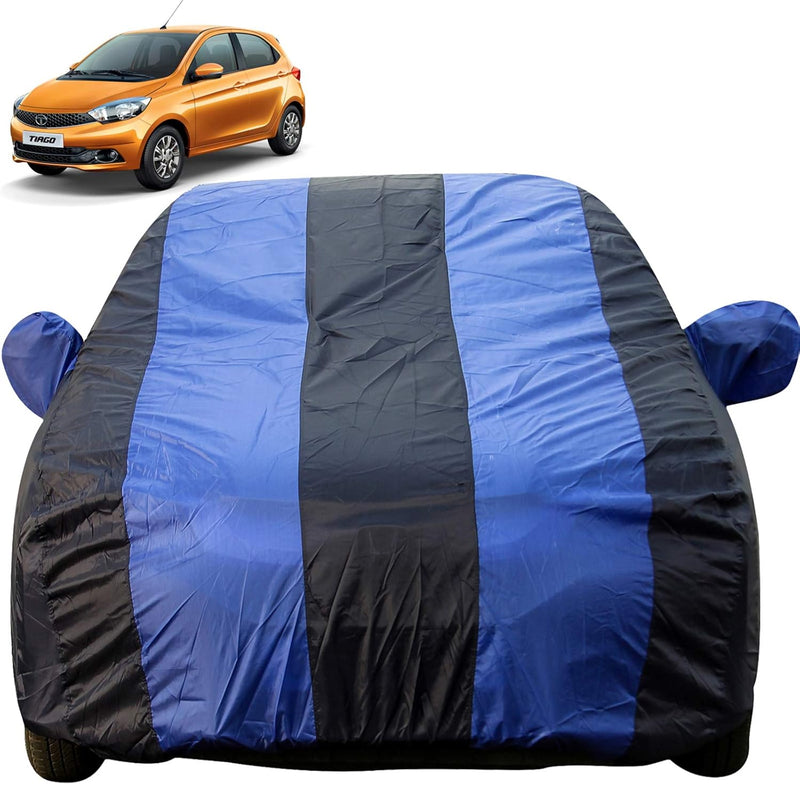 Autofact Tiago Car Cover - EasyShield - Car Body Cover for Tata Tiago - With Mirror Pockets, Triple Stitched, Bottom Fully Elastic, Adjustable Belt and Buckle (Royal Blue Stripes)