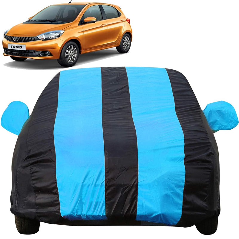 Autofact Tiago Car Cover - EasyShield - Car Body Cover for Tata Tiago - With Mirror Pockets, Triple Stitched, Bottom Fully Elastic, Adjustable Belt and Buckle (Teak Blue Stripes)