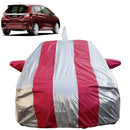 Autofact Jazz Car Cover - FlexGuard - Waterproof Car Body Cover for Honda Jazz - With Mirror & Antenna Pockets, Triple Stitched, Bottom Fully Elastic, Adjustable Belt and Buckle (Silver / Pink Stripes)