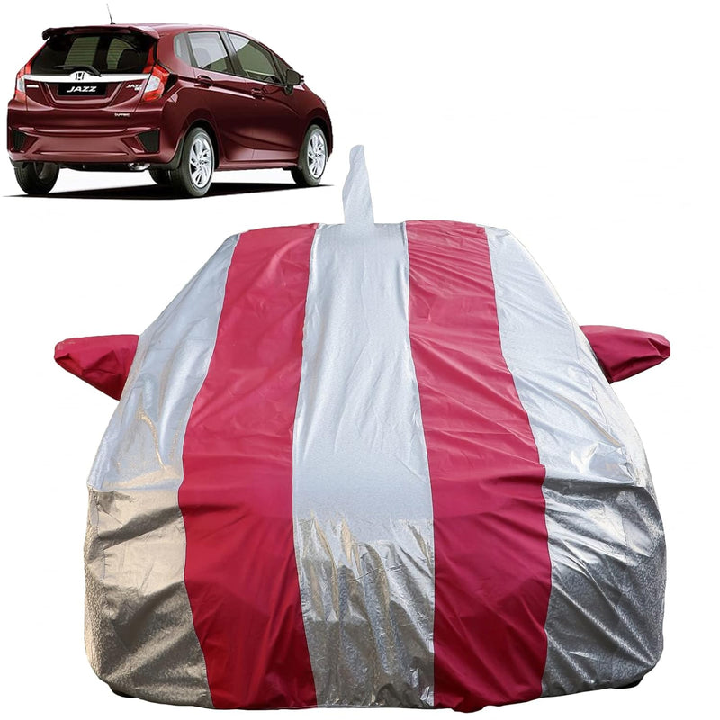 Autofact Jazz Car Cover - FlexGuard - Waterproof Car Body Cover for Honda Jazz - With Mirror & Antenna Pockets, Triple Stitched, Bottom Fully Elastic, Adjustable Belt and Buckle (Silver / Pink Stripes)