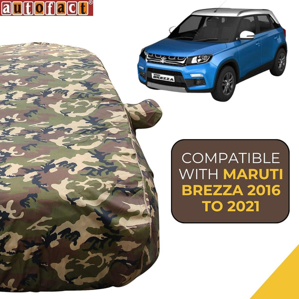 Autofact Brezza Car Cover - TearTough - Dog Proof / Waterproof Car Body Cover for Maruti Brezza - With Mirror Pockets, Triple Stitched, Bottom Fully Elastic, Adjustable Belt and Buckle (Jungle Print 4x4)