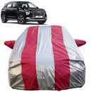 Autofact Alcazar Car Cover - FlexGuard - Waterproof Car Body Cover for Hyundai Alcazar - With Mirror Pockets, Triple Stitched, Bottom Fully Elastic, Adjustable Belt and Buckle (Silver / Pink Stripes)