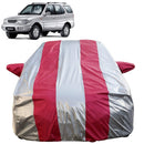 Autofact Safari Car Cover - FlexGuard - Waterproof Car Body Cover for Tata Safari - With Mirror Pockets, Triple Stitched, Bottom Fully Elastic, Adjustable Belt and Buckle (Silver / Pink Stripes)