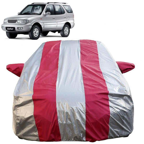 Autofact Safari Car Cover - FlexGuard - Waterproof Car Body Cover for Tata Safari - With Mirror Pockets, Triple Stitched, Bottom Fully Elastic, Adjustable Belt and Buckle (Silver / Pink Stripes)