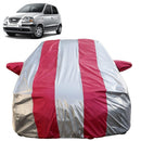 Autofact Santro Xing Car Cover - FlexGuard - Waterproof Car Body Cover for Hyundai Santro Xing - With Mirror Pockets, Triple Stitched, Bottom Fully Elastic, Adjustable Belt and Buckle (Silver / Pink Stripes)
