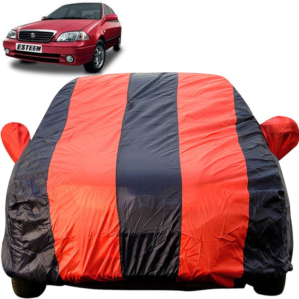 Autofact Esteem Car Cover - EasyShield - Car Body Cover for Maruti Esteem - With Mirror Pockets, Triple Stitched, Bottom Fully Elastic, Adjustable Belt and Buckle (Red Blue Stripes)