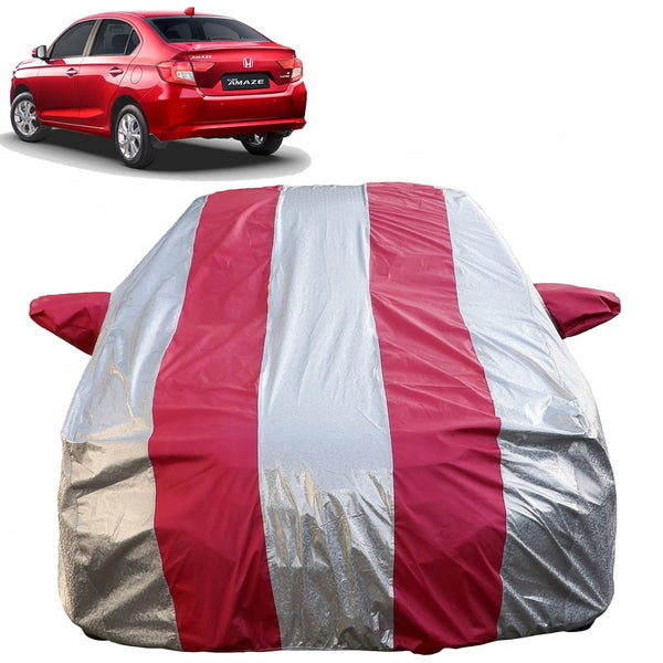 Autofact Amaze New Model Car Cover - FlexGuard - Waterproof Car Body Cover for Honda Amaze New Model - With Mirror Pockets, Triple Stitched, Bottom Fully Elastic, Adjustable Belt and Buckle (Silver / Pink Stripes)