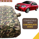 Autofact Aveo Car Cover - TearTough - Dog Proof / Waterproof Car Body Cover for Chevrolet Aveo - With Mirror Pockets, Triple Stitched, Bottom Fully Elastic, Adjustable Belt and Buckle (Jungle Print 4x4)