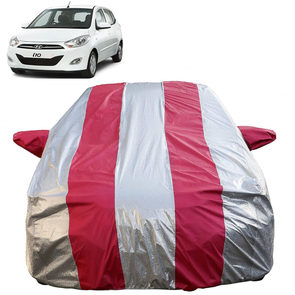 Autofact i10 Car Cover - FlexGuard - Waterproof Car Body Cover for Hyundai i10 - With Mirror Pockets, Triple Stitched, Bottom Fully Elastic, Adjustable Belt and Buckle (Silver / Pink Stripes)
