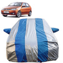Autofact Palio Car Cover - FlexGuard - Waterproof Car Body Cover for Fiat Palio - With Mirror Pockets, Triple Stitched, Bottom Fully Elastic, Adjustable Belt and Buckle (Silver / Blue Stripes)
