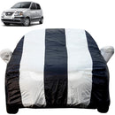 Autofact Santro Xing Car Cover - EasyShield - Car Body Cover for Hyundai Santro Xing - With Mirror Pockets, Triple Stitched, Bottom Fully Elastic, Adjustable Belt and Buckle (White Blue Stripes)