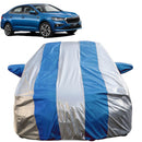 Autofact Slavia Car Cover - FlexGuard - Waterproof Car Body Cover for Skoda Slavia - With Mirror Pockets, Triple Stitched, Bottom Fully Elastic, Adjustable Belt and Buckle (Silver / Blue Stripes)