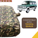 Autofact Qualis Car Cover - TearTough - Dog Proof / Waterproof Car Body Cover for Toyota Qualis - With Mirror Pockets, Triple Stitched, Bottom Fully Elastic, Adjustable Belt and Buckle (Jungle Print 4x4)