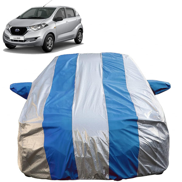 Autofact Redi Go Car Cover - FlexGuard - Waterproof Car Body Cover for Nissan Redi Go - With Mirror Pockets, Triple Stitched, Bottom Fully Elastic, Adjustable Belt and Buckle (Silver / Blue Stripes)