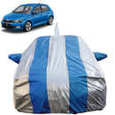 Autofact Fabia Car Cover - FlexGuard - Waterproof Car Body Cover for Skoda Fabia - With Mirror & Antenna Pockets, Triple Stitched, Bottom Fully Elastic, Adjustable Belt and Buckle (Silver / Blue Stripes)