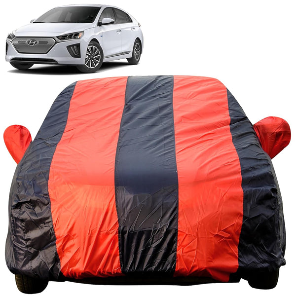 Autofact Ioniq Car Cover - EasyShield - Car Body Cover for Hyundai Ioniq - With Mirror Pockets, Triple Stitched, Bottom Fully Elastic, Adjustable Belt and Buckle (Red Blue Stripes)