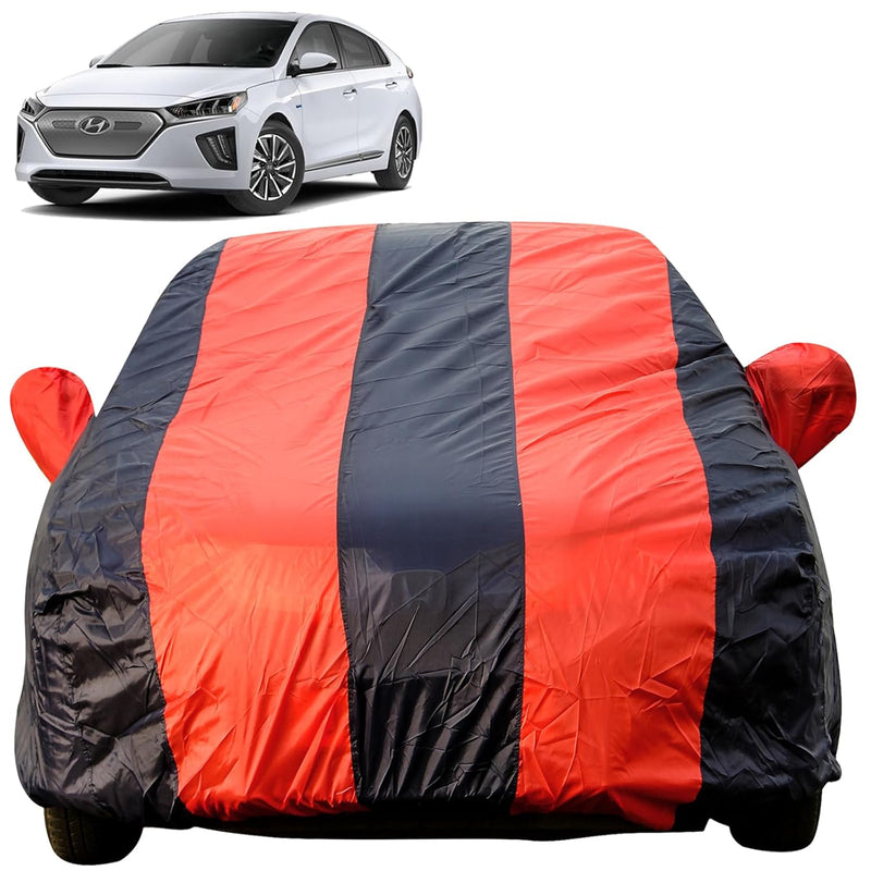 Autofact Ioniq Car Cover - EasyShield - Car Body Cover for Hyundai Ioniq - With Mirror Pockets, Triple Stitched, Bottom Fully Elastic, Adjustable Belt and Buckle (Red Blue Stripes)