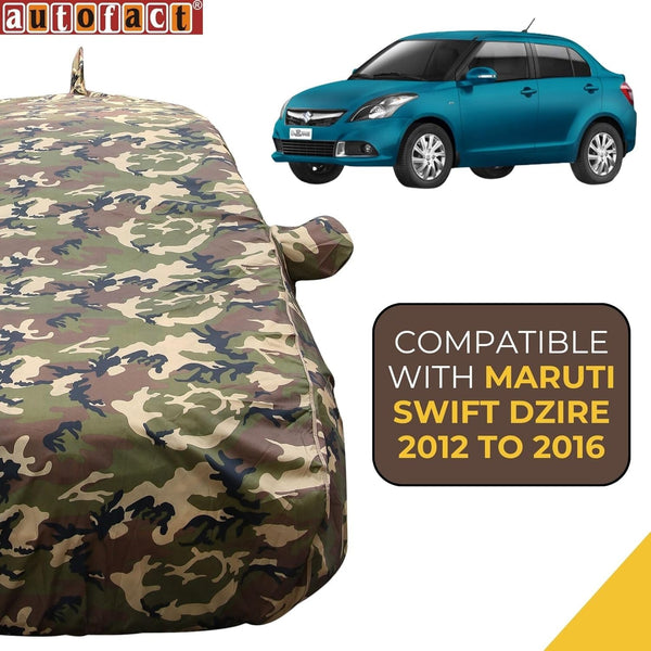 Autofact Swift Dzire 2012 to 2016 Car Cover - TearTough - Dog Proof / Waterproof Car Body Cover for Maruti Swift Dzire 2012 to 2016 - With Mirror & Antenna Pockets, Triple Stitched, Bottom Fully Elastic, Adjustable Belt and Buckle (Jungle Print 4x4)