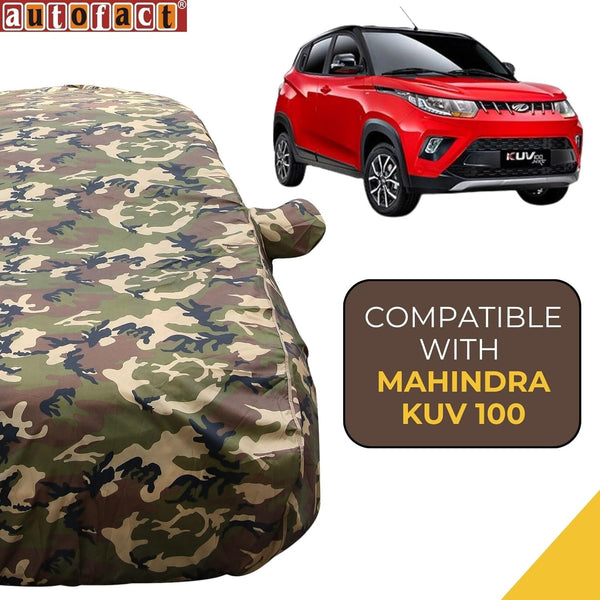 Autofact KUV100 Car Cover - TearTough - Dog Proof / Waterproof Car Body Cover for Mahindra KUV100 - With Mirror Pockets, Triple Stitched, Bottom Fully Elastic, Adjustable Belt and Buckle (Jungle Print 4x4)