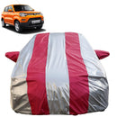 Autofact Spresso Car Cover - FlexGuard - Waterproof Car Body Cover for Maruti Spresso - With Mirror Pockets, Triple Stitched, Bottom Fully Elastic, Adjustable Belt and Buckle (Silver / Pink Stripes)