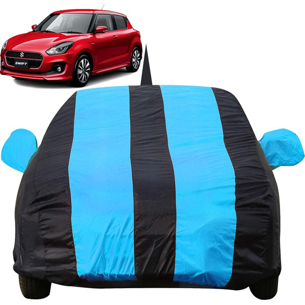 Autofact Swift Car Cover - EasyShield - Car Body Cover for Maruti Swift - With Mirror Pockets, Triple Stitched, Bottom Fully Elastic, Adjustable Belt and Buckle (Teak Blue Stripes)