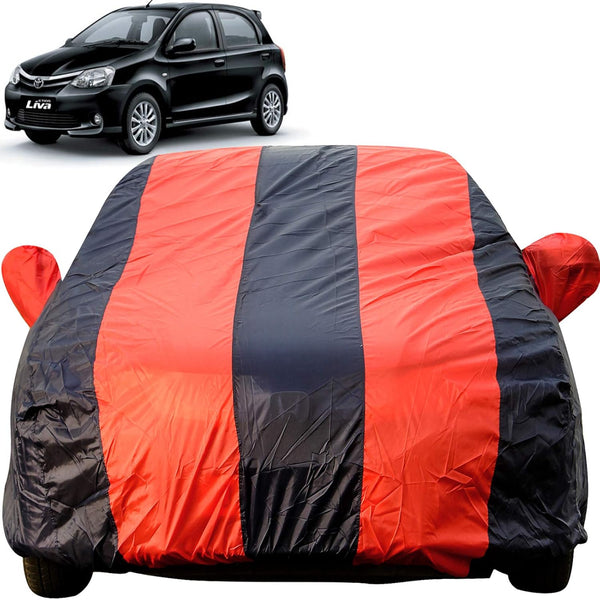 Autofact Etios Liva Car Cover - EasyShield - Car Body Cover for Toyota Etios Liva - With Mirror Pockets, Triple Stitched, Bottom Fully Elastic, Adjustable Belt and Buckle (Red Blue Stripes)