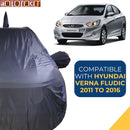Autofact Verna Fludic Car Cover - CoreProtect - Water Resistant Car Body Cover for Hyundai Verna Fludic - With Mirror & Antenna Pockets, Triple Stitched, Bottom Fully Elastic, Adjustable Belt and Buckle (Grey 210D)