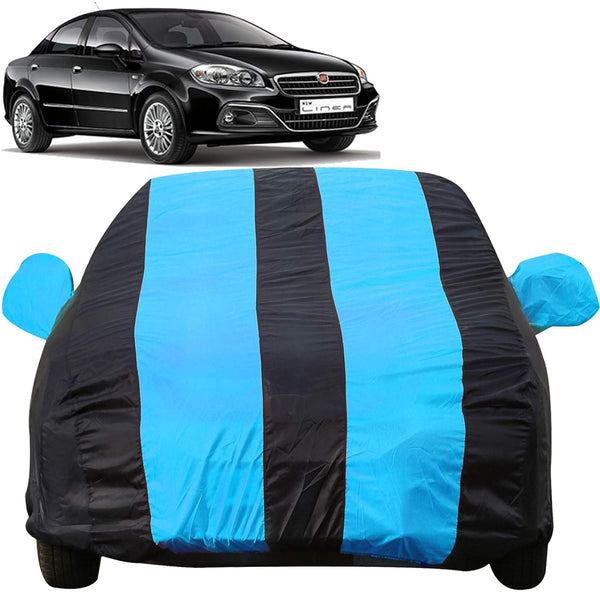 Autofact Linea Car Cover - EasyShield - Car Body Cover for Fiat Linea - With Mirror Pockets, Triple Stitched, Bottom Fully Elastic, Adjustable Belt and Buckle (Teak Blue Stripes)