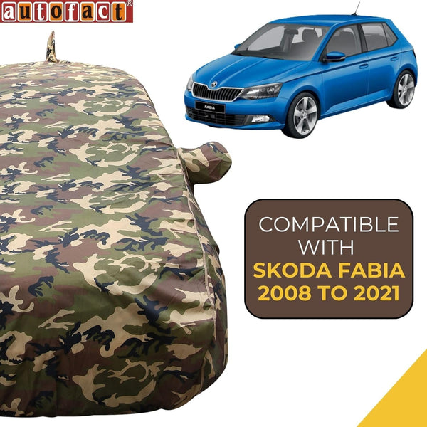 Autofact Fabia Car Cover - TearTough - Dog Proof / Waterproof Car Body Cover for Skoda Fabia - With Mirror & Antenna Pockets, Triple Stitched, Bottom Fully Elastic, Adjustable Belt and Buckle (Jungle Print 4x4)
