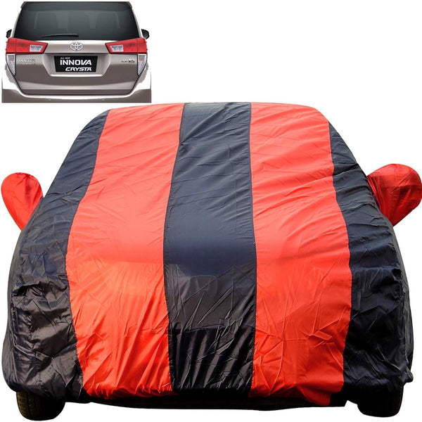 Autofact Innova Crysta Car Cover - EasyShield - Car Body Cover for Toyota Innova Crysta - With Mirror Pockets, Triple Stitched, Bottom Fully Elastic, Adjustable Belt and Buckle (Red Blue Stripes)