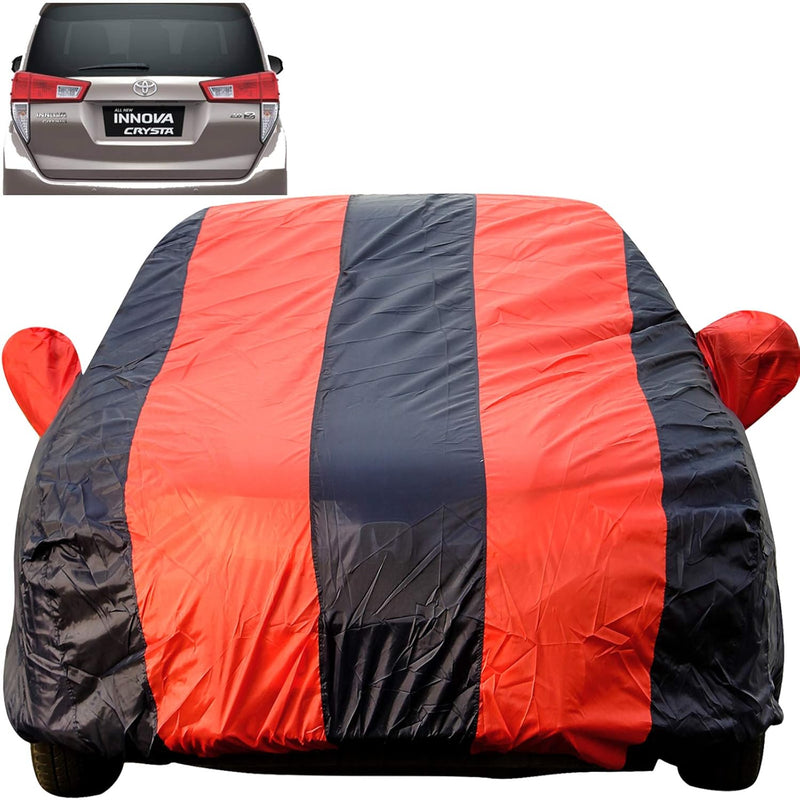 Autofact Innova Crysta Car Cover - EasyShield - Car Body Cover for Toyota Innova Crysta - With Mirror Pockets, Triple Stitched, Bottom Fully Elastic, Adjustable Belt and Buckle (Red Blue Stripes)