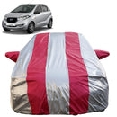 Autofact Redi Go Car Cover - FlexGuard - Waterproof Car Body Cover for Nissan Redi Go - With Mirror Pockets, Triple Stitched, Bottom Fully Elastic, Adjustable Belt and Buckle (Silver / Pink Stripes)