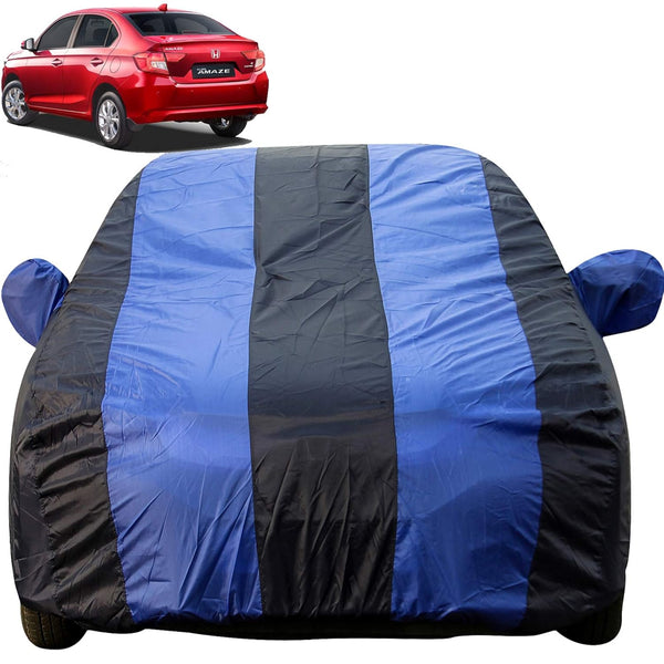Autofact Amaze New Model Car Cover - EasyShield - Car Body Cover for Honda Amaze New Model - With Mirror Pockets, Triple Stitched, Bottom Fully Elastic, Adjustable Belt and Buckle (Royal Blue Stripes)