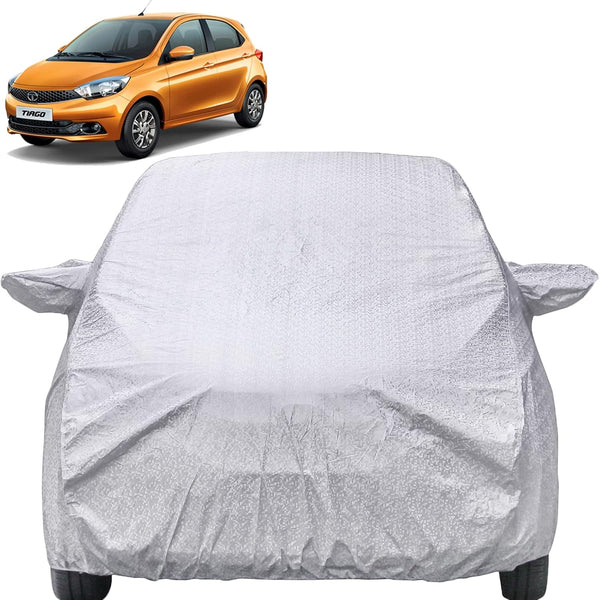 Autofact Tiago Car Cover - FlexGuard - Waterproof Car Body Cover for Tata Tiago - With Mirror Pockets, Triple Stitched, Bottom Fully Elastic, Adjustable Belt and Buckle (Silver)