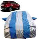 Autofact Seltos Car Cover - FlexGuard - Waterproof Car Body Cover for Kia Seltos - With Mirror Pockets, Triple Stitched, Bottom Fully Elastic, Adjustable Belt and Buckle (Silver / Blue Stripes)